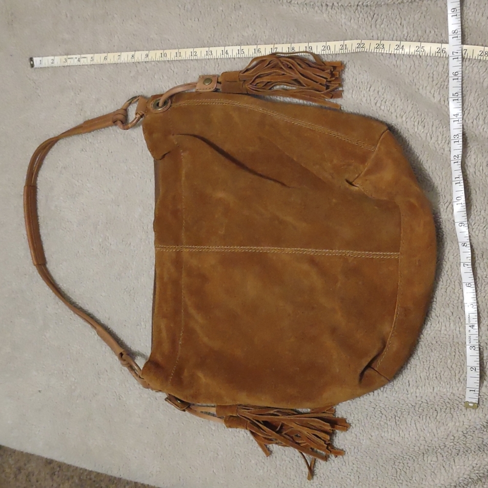 100% leather Lucky Brand hobo bag brown with fringe sold AS IS read discription